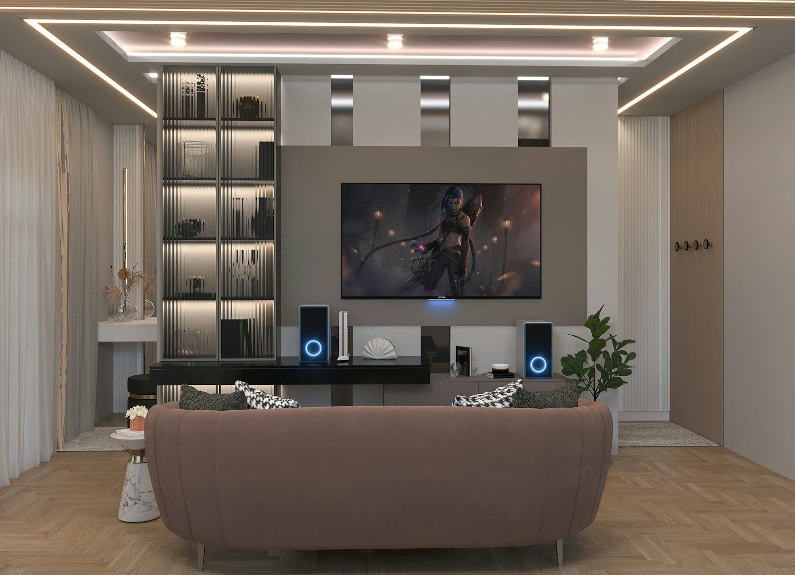 Media Walls & Theaters: Clean, wire-free screens with immersive sound and lighting scenes.